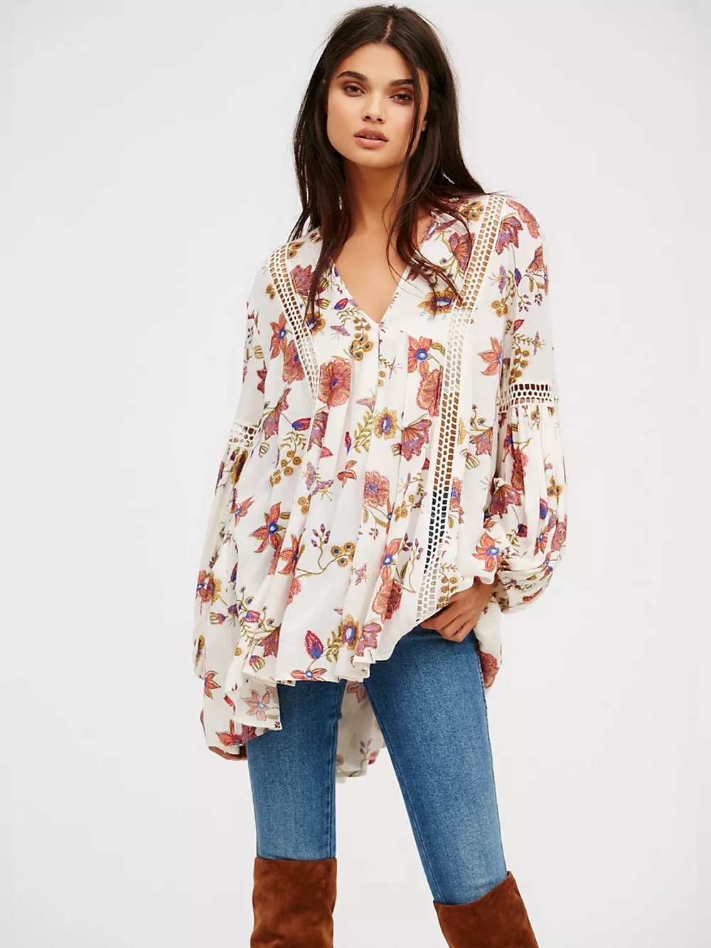 🌻Free People Just the Two of Us Printed Tunic Floral V Neck Crochet Boho Size M